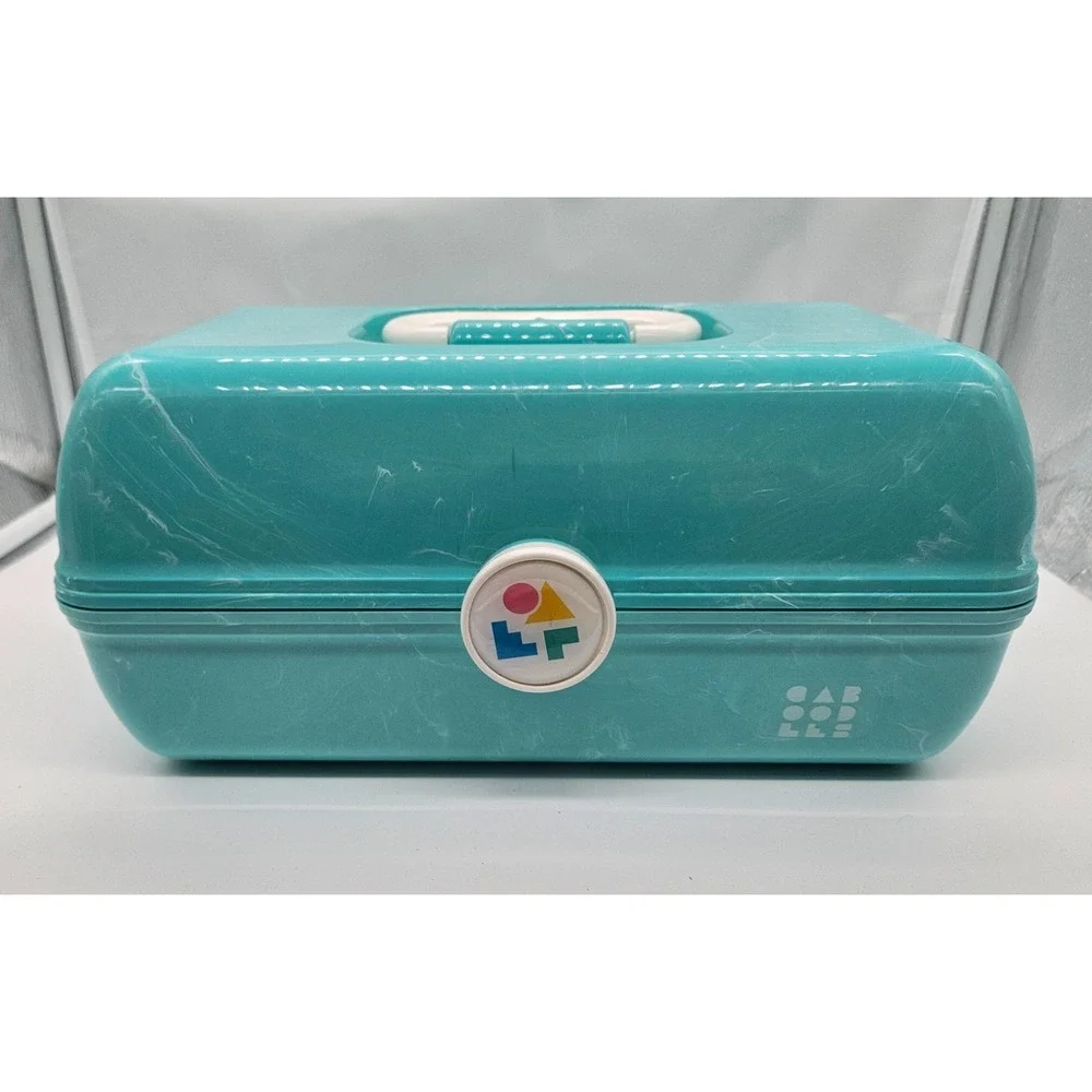 Caboodles Vintage‎ Teal Marble Swirl Carry All Cosmetic Makeup Organizer Case
